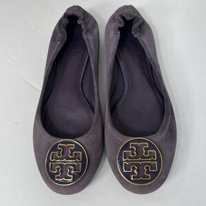 Tory Burch Minnie Flats purple Gold Hardware Suede logo Ballerina Shoes US 8M